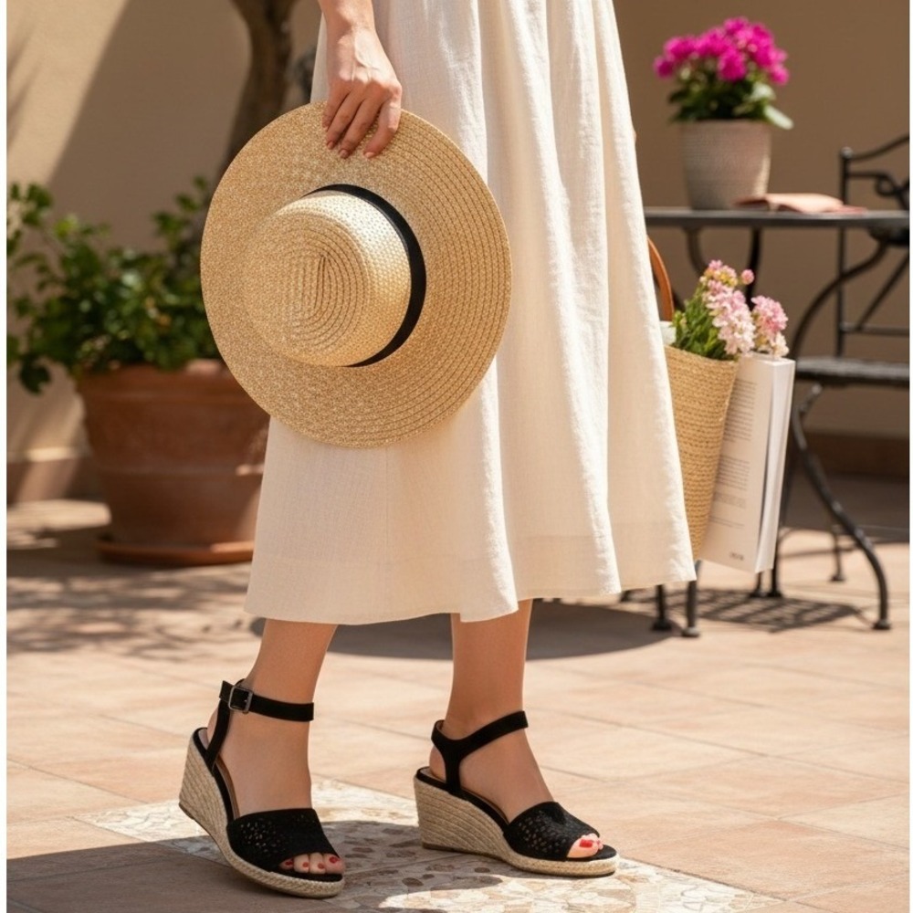 Vionic Tulum Ariel Suede Leather Backstrap Espadrille Wedge Sandal 8M Black 324i